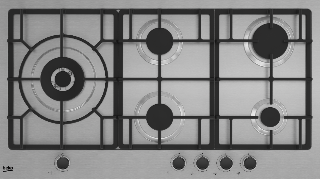 BEKO Piano Cottura a Gas - 4 Bruciatori + 1 Wok - 90 cm - Acciaio Inox - HIML95225SXE